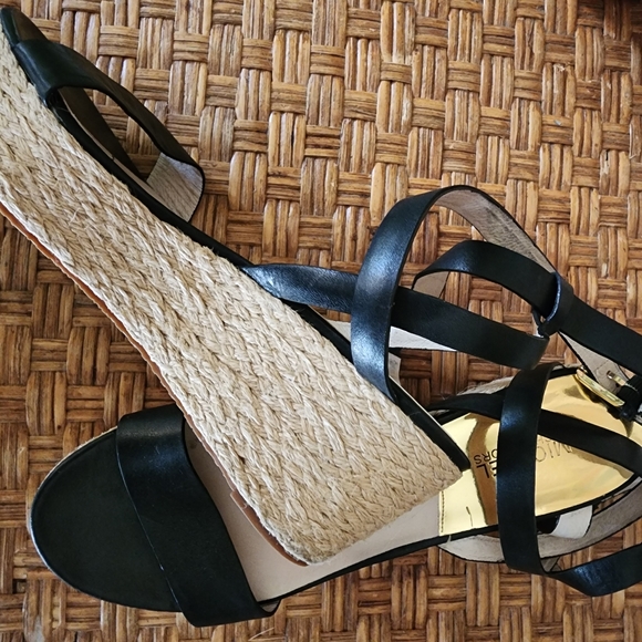 MICHAEL KORS Black Leather JALITA Jute PLATFORM Strappy MK Logo SANDALS - Picture 5 of 16